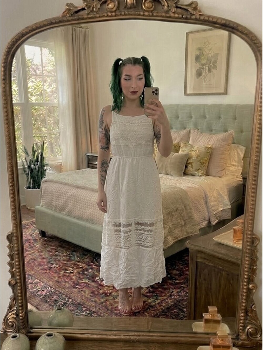 NWT Blush Noir Boho White Lace Trim Midi Dress Size M Embroidered Cottagecore